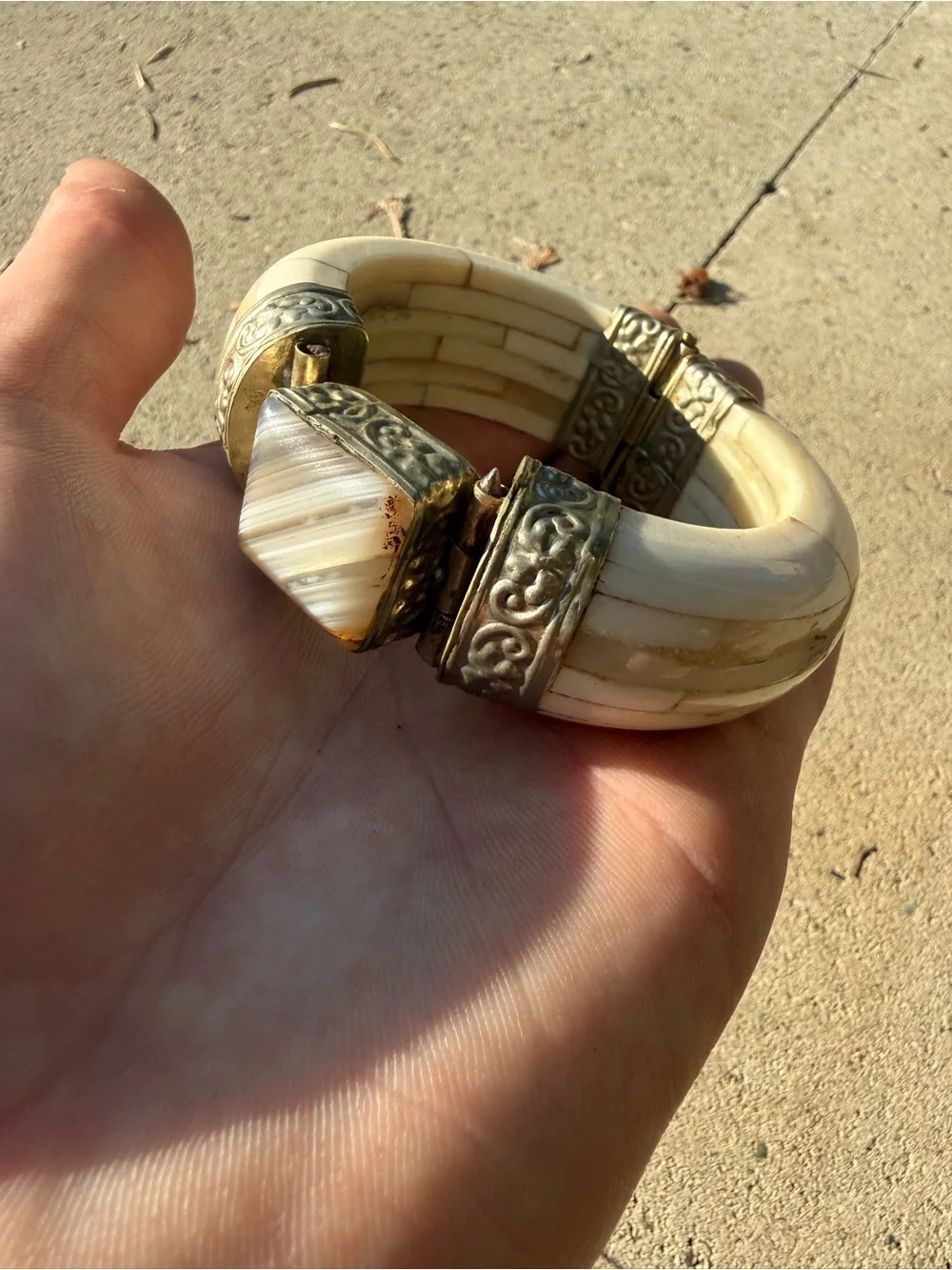 Antique Large Silver Tone Bone Agate Bracelet